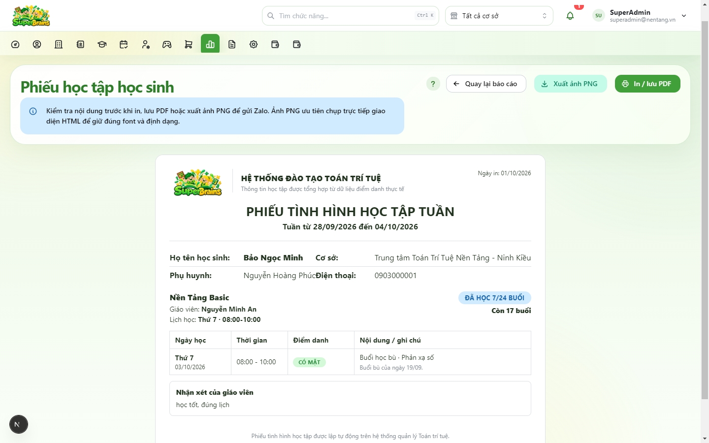 In báo cáo tình hình học tập tuần